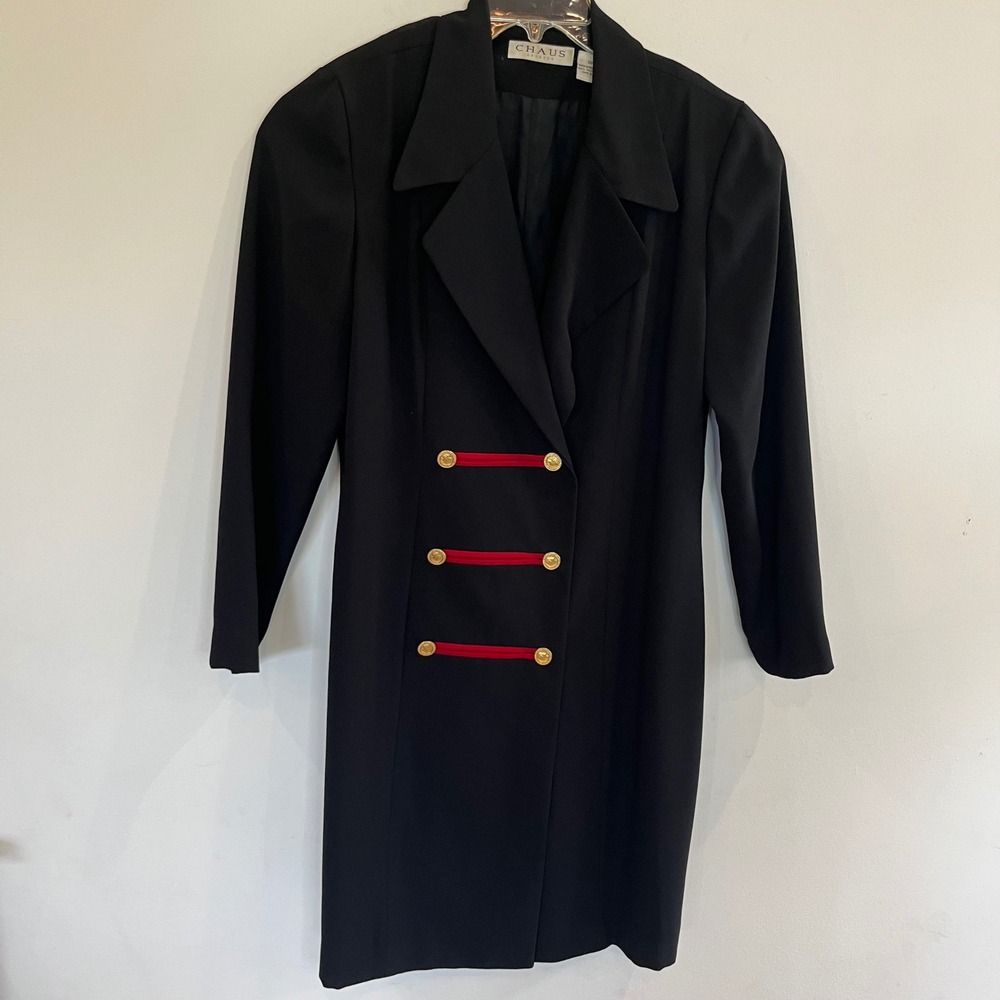 Chaus Vintage Military Blazer Dress Black Red Trim Gold Crest Buttons Size 10